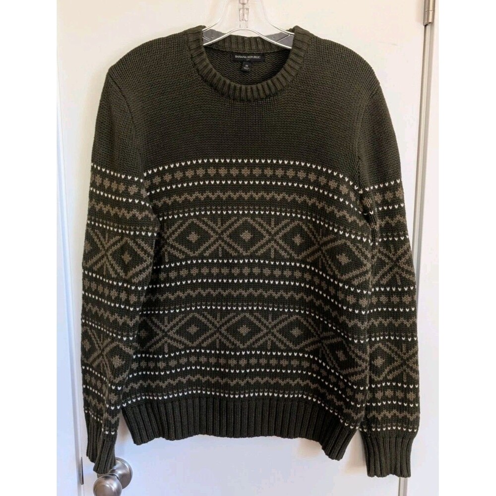 Banana Republic Fair Isle Wool Sweater M Green 90s Y2K Grandpa Fisherman Relaxed